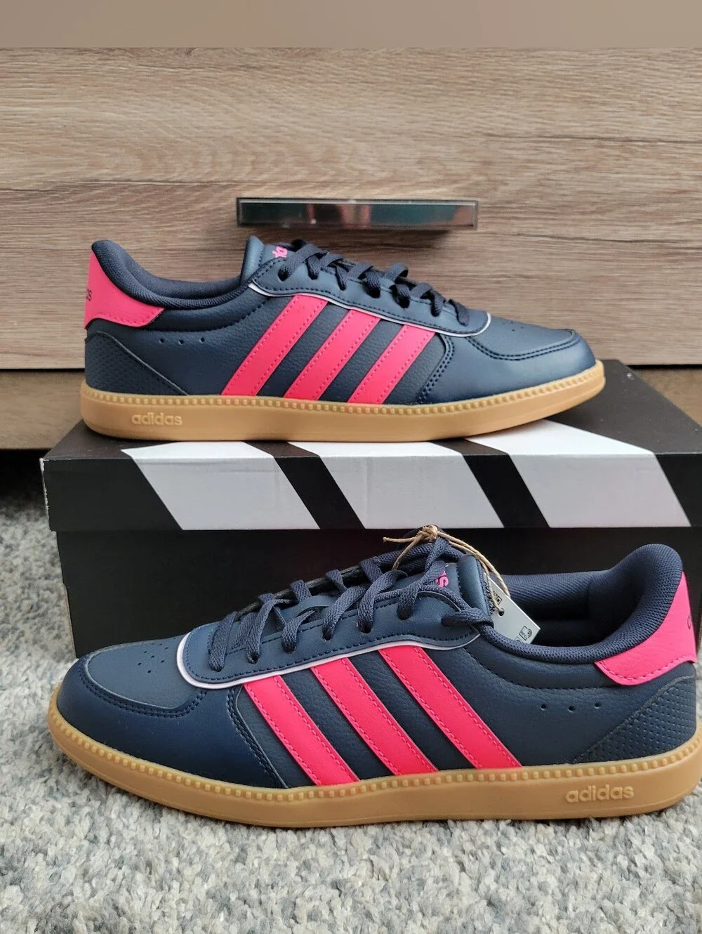 Adidas Navy Blue Sneakers with Pink Stripes and Gum Sole Size:7
